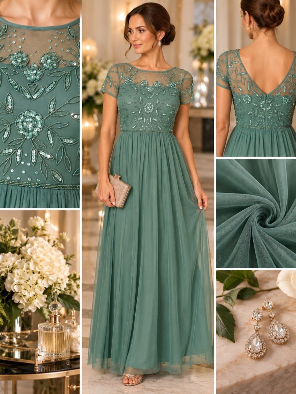Adrianna Papell Green Slate Beaded Floral Mesh Evening Gown Size 10 NWT